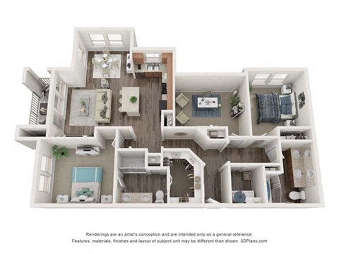 Floor plan for 2 beds, 2 baths, 1377 sqft